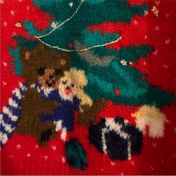 Size Kids L Vintage Deans of Scotland Wool Christmas Sweater with Tree and Bear - Picture 3 of 4
